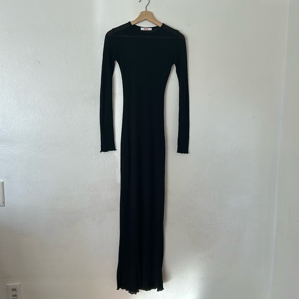 Bayse Long Sleeve Maxi Dress Lettuce Hem Detail in Black Sz S